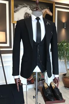 Goddard Black Peaked Lapel Three Pieces Formal Business Suits Wedding Suits Men Black, Blazer Waistcoat, Suit Styles, Stylish Mens Suits, Men's Business Suits, Suits Men Business, Business Suits, Dress Suits For Men, Prom Suits