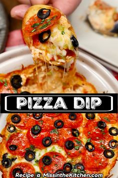 the pizza dip is being served with black olives and pepperoni on it's crust