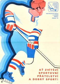 an old poster with a hockey player on it's face and the words at zivtiei sportovi pratelstivvi a dory sport