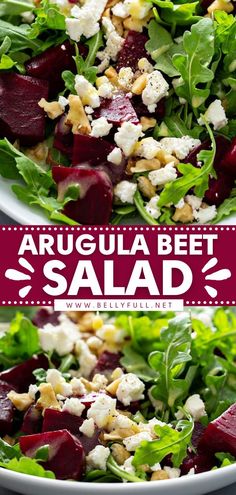 a salad with beets, feta cheese and walnuts on it in a white bowl