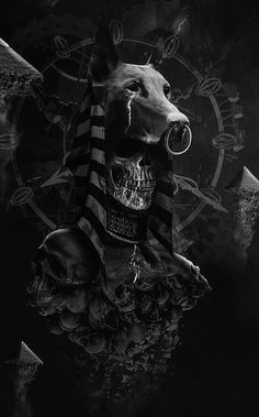 a black and white photo of a dog wearing an egyptian headdress with skulls on it