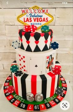 a three tiered cake with casino themed decorations