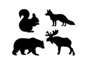 the silhouettes of different animals are shown in black on a white background, including an antelope, squirrel, and bear