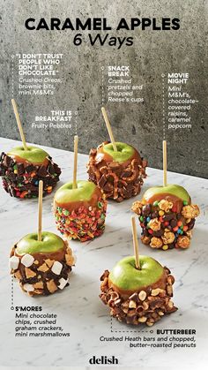 an advertisement for caramel apples with different toppings