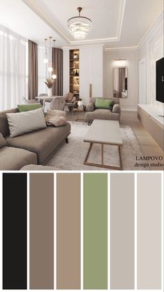 a living room filled with furniture and lots of color swatches in shades of brown, green