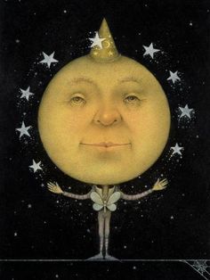 a painting of a smiling moon with stars on it's head and arms, in front of a black background