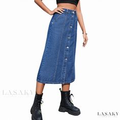 Lasaky - Chic Button High-Waisted Denim Midi Skirt with a Personalized Touch Non-stretch High-waisted Skirt With Button Closure, High-waisted Non-stretch Skirt With Button Closure, Denim Blue High Waist Skirt With Button Closure, High Waist Denim Blue Skirt With Button Closure, Non-stretch Denim Skirt With Button Closure, Non-stretch High Waist Denim Skirt With Button Closure, High Waist Buttoned Denim Skirt For Fall, Fall Denim Skirt With Buttons, High-waist Dark Wash Skirt With Buttons