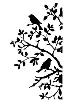 a black and white silhouette of a tree with birds on it's branches, against a white background