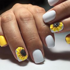 Summer nail design with 3-d sunflower. Here is a list of the coolest summer nail designs for 2018. Are you ready for the hot season, road trips, picnics, swimming and long walks on the beach? #lifestyle #naildesign #nailart #summernails Yellow Nail Art, Sunflower Nails, Valentine Nails, Flower Nail Designs, Her Nails, Disney Nails, White Nail, Summer Nails Colors