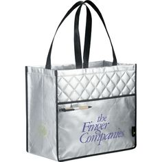 a silver shopping bag with black handles