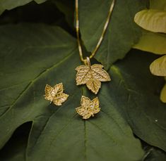 Delicate, Sensual Set with Sycamore Maple Leaves, made of 925 Silver plated with 18-karat gold. Perfect for nature lovers. I designed this spectacular set with attention to the smallest details: the shape, the edge of the leaf blade, and the veins of the sycamore maple leaf. This is an original design, started by studying the morphology of this beautiful leaf. Each element is made of 925 silver coated with 18-karat gold and protected with an additional layer to prevent tarnishing and discolorati Maple Leaf Pendant, Yellow Gold Leaf-shaped Formal Jewelry, Formal Yellow Gold Leaf-shaped Jewelry, Formal Yellow Gold Leaf Jewelry, Yellow Gold Leaf-shaped Jewelry Gift, Yellow Gold Leaf-shaped Jewelry For Anniversary, Yellow Gold Leaf-shaped Anniversary Jewelry, Anniversary Yellow Gold Leaf Jewelry, Leaf-shaped Jewelry With Matching Earrings