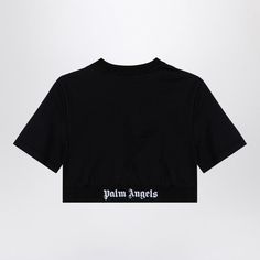 Black cotton cropped T-shirt from Palm Angels featuring short sleeves, an elastic band with contrasting logo lettering on the front and back, and a ribbed crew neck.Gender: WomenMaterial: Fabric I: 100% Cotton / Fabric II: 67% Polyamide - 23% Polyester - 10% ElastaneColor: BlackMade in: ITProduct ID: PWAA067C99JER001/P_PALMA-1010*Import tax/duty will be calculated at checkout (If applicable) Cotton Cropped T-shirt With Logo For Streetwear, Sporty Letter Print Crop Top T-shirt, Streetwear Graphic Tee With Crew Neck, Sporty Crew Neck Cropped Shirt For Streetwear, Streetwear Cotton Cropped T-shirt With Letter Print, Cotton Cropped T-shirt With Letter Print For Streetwear, Sporty Cropped Cotton T-shirt, Sporty Crew Neck Crop Top For Streetwear, Sporty Short Sleeve Crop Top For Streetwear