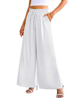 PRICES MAY VARY. Material: Made from super soft,comfy,lightweight,and breathable fabric that's gentle on your skin. Not stretch, not see-through and won't wrinkle easily or shrink after washing. Enjoy all-day comfort in these loose, flowy wide leg trousers. Chic Design: Wide leg palazzo pants are effortlessly stylish, with flexible elastic high waistband and drawstring for maximum adjustability and comfort. Flattering and flowy, casual linen lounge pants are perfect for any occasion. Style: Pape Baggy Solid Yoga Pants For Spring, High Waist Solid Color Yoga Pants For Summer, Non-stretch Bottoms With Drawstring, Comfortable Stretch Bottoms In Solid Color, Comfortable Stretch Bottoms Solid Color, Solid Color Long Yoga Pants For Summer, Solid Color Summer Yoga Pants, White Full Length Harem Pants With Pockets, Versatile Solid Pants With Drawstring