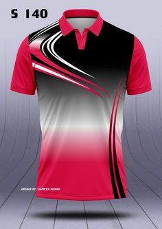 the front and back view of a pink, black and white polo shirt with an abstract design