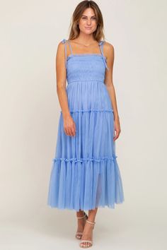 Light Blue Smocked Mesh Midi Dress– PinkBlush Summer Tulle Dress With Ruched Details, Spring Tulle Midi Dress With Ruffles, Spring Tulle Midi Dress, Spring Ruched Midi Length Tiered Dress, Tulle Midi Dress With Ruffles, Midi Tulle Dress With Ruffles, Spring Tulle Maxi Dress With Ruffles, Sleeveless Tulle Midi Dress With Ruffles, Spring Dress With Tulle And Ruffled Straps