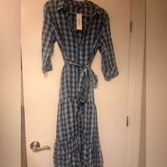 Blue Plaid Button Down Maxi Length Shirt Dress With Prairie-Style Skirt. Size Medium. Lightweight. Never Worn. Plaid Cotton Button-up Shirt Dress, Blue Button-up Midi Dress For Summer, Summer Button-up Cotton Maxi Dress, Summer Cotton Button-up Maxi Dress, Blue Button-up Midi Dress For Beach, Light Blue Button-up Beach Dresses, Spring Blue Maxi Dress With Button Closure, Blue Buttoned Maxi Dress For Beach, Blue Maxi Dress With Button Closure For Spring