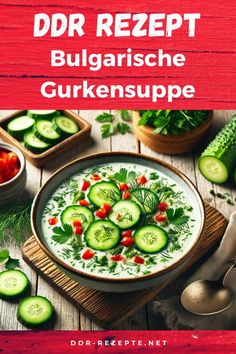 a book cover with cucumbers and other vegetables in bowls on a wooden table