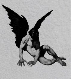 a black and white drawing of a man with wings on his back, holding onto the ground