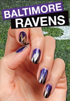 Put the rave in Ravens! Nfl Nails, Football Nail Art, Football Nails, Baltimore Ravens Football, Ravens Football, Fancy Hands