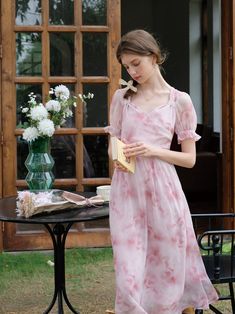 Pale red rose pattern French dress – remulia Pink Square Neck Dress With Rose Print, Short Sleeve Rose Print Dress For Garden Party, Feminine Red Dress With Rose Print, Feminine Red Rose Print Dress, Pale Pink Roses, Backless Long Dress, French Dress, Cottagecore Dress, Rose Pale