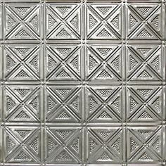 a metallic tin ceiling tile with diamond design on the top and bottom panel, in various sizes