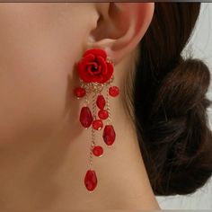 A Absolutely Stunning Earring. Ruby Red Crystal Teardrops Swaying From A Delicate Velvet Rose On Dainty Gold Chains. Length: 3.3 Inches Red Earrings Aesthetic, Red Jewelry Aesthetic, Ruby Aesthetic, Red Rose Earrings, Pink Topaz Earrings, Wedding Wishing, Green Tassel Earrings, Ear Pieces, Heels Prom