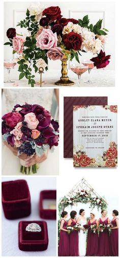 a collage of different pictures with flowers and wedding rings on them, including red velvet boxes