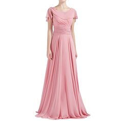 MACloth Women O Neck Ruffle Short Sleeves A Line Maxi Wedding Bridesmaid DressesSilhouette: A-Line Neckline: Boat Neck Waist: Natural Hemline/Train: Floor-Length Sleeve Length: Short Embellishments: No Back Details: Zipper Fully Lined: Yes Built-In Bra: Yes Boning: Yes Fabric: Chiffon Model: 160960 Pink Floor-length Bridesmaid Dress With Sweep Train, Pink Floor-length Chiffon Bridesmaid Dress, Chiffon Dress For Wedding, Floor-length Chiffon Bridesmaid Dress With Sweep Train, Pink Ruched Bodice Evening Dress For Banquet, Pink Floor-length Chiffon Wedding Dress, Chiffon Wedding Dress With Ruched Bodice For Prom Season, Chiffon Wedding Dress With Sweep Train For Prom Season, Wedding Chiffon Dress With Sweep Train For Prom Season