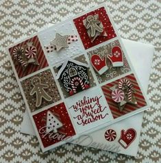 some christmas cards are stacked on top of each other with gingerbreads and snowflakes