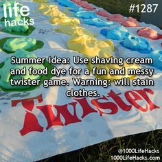 a towel with the words summer idea use shaving cream and food dye for a fun and messy twister game warning will stain clothes