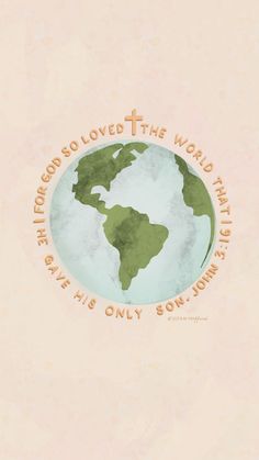 the earth with words written on it and an orange cross in the middle, against a light pink background