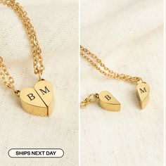 Our Magnetic Couple Necklace Set can be engraved with initials for the perfect gift for your loved ones! Materials & Finish: * High Quality 316L Stainless Steel * 18k Gold We use a THICK PLATING for a piece that will be in your jewelry box for years to come! Size Specs: * Heart Pendant: 12mm x 14mm * You will receive 2pcs halves of the heart necklaces. HOW TO ORDER * Select your Chain Type & Length * Tell us all your item details in the personalization box. * If you want to buy this necklace set Valentine's Day Engraved Necklaces, Personalized Gold Couples Jewelry, Personalized Couples Gold Jewelry, Personalized Couples' Gold Jewelry, Matching Necklaces For Couples, Distance Relationship Gifts, Magnetic Necklace, Long Distance Relationship Gifts, Simple Gift Wrapping