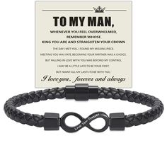 PRICES MAY VARY. 【To My Man Bracelet】 -- This infinity bracelet for men engraved with ''Love You Forever''. This mens bracelet serves as a constant reminder of your love, and two people are always connected. This is the best mens jewelry for your Lover, Boyfriend, Husband 【Unique Meaning】 -- To My Man, Whenever you feel overwhelmed, remember whose king you are and straighten your crown. The day I met you, I found my missing piece. Meeting you was fate. Becoming your partner was a choice. But fal To My Man, Man Bracelet, Unique Meaning, Beautiful Meaning, Great Gifts For Dad, Bracelet Mens, Braided Leather Bracelet, My Man, I Love You Forever