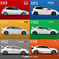 four different types of cars are shown in this graphic art printable version, which includes the honda civic type r