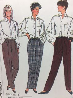 Sewing Pattern 80's Simplicity 7703 Wide Leg Pants Sewing Pattern. Slim pants that are proportioned according to height and fullness of hip - a perfect fit and perfect style! Size : Misses 10 (see picture #3 for sizes and materials). Pattern and instructions for: Pants with front tucked to waistband have fly front zipper, yoke and pockets with a concealed front stay for a smoother fit and optional carriers. Pants are proportioned according to height and fullness of hip. Pattern is uncut factory 80s Sewing Patterns, Wide Leg Pants Sewing Pattern, 80s Pants, 80s Jeans, Pants Sewing, Pants Pocket, Front Tuck, Pants Sewing Pattern, Patterned Jeans