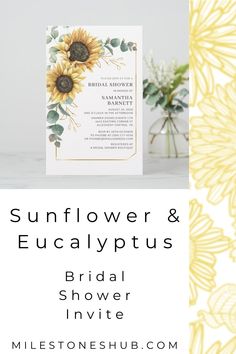 the sunflower and eucalyptus bridal shower party is on display in front of yellow flowers