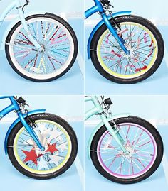 four different images of a bicycle with wheels