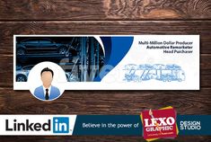 the linkedin logo is displayed on a wooden background with an image of a man in a suit and tie