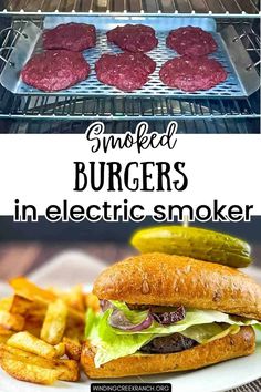 hamburgers in an electric smoker with pickles on the side