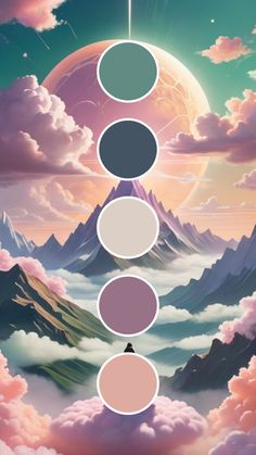 the seven chakras are arranged in different colors and sizes, with mountains in the background