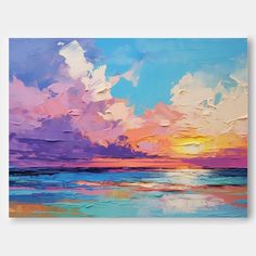 an oil painting of a colorful sunset over the ocean with clouds in the sky and water below