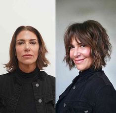 Before and after photos of a woman with a transformational textured bob and piece-y bangs