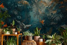 Green Mural Wall, Jungle Animal Wallpaper, Green Mural, Anna Glover, Wallpaper Powder Room, Wildlife Wallpaper, Golden Wallpaper, Dark Green Wallpaper, Forest Mural