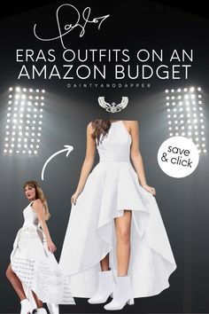 two women in white dresses standing next to each other with the words eras outfits on an amazon