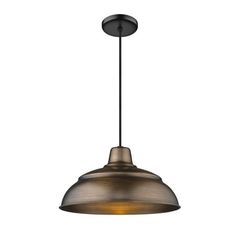 an industrial style pendant light with a metal shade on the bottom and one light bulb hanging from