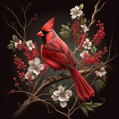 a red bird sitting on top of a tree branch with white flowers and berries around it