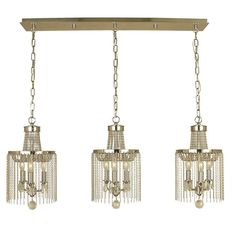 three light chandelier with crystal beads hanging from the ceiling and chain around it