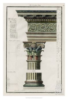 an architectural drawing of a column with decorative designs on the top and bottom, in various colors