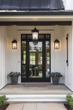 the front door to a house with two planters on either side and one light hanging above it