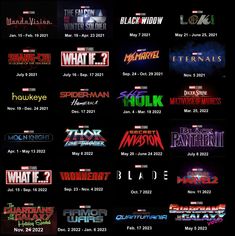 the avengers logo is shown in different colors and sizes, including red, green, blue,